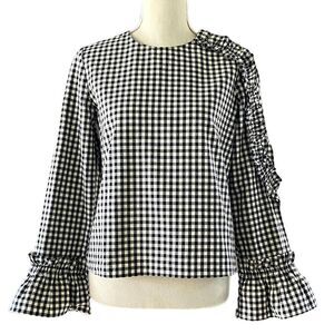 Zara Gingham Black White Check Ruffle Blouse XS